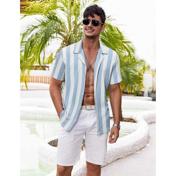 Men's Blue Thick Stripe Casual Short Sleeve Button Down Textured Beach Shirts - Picture 2 of 6